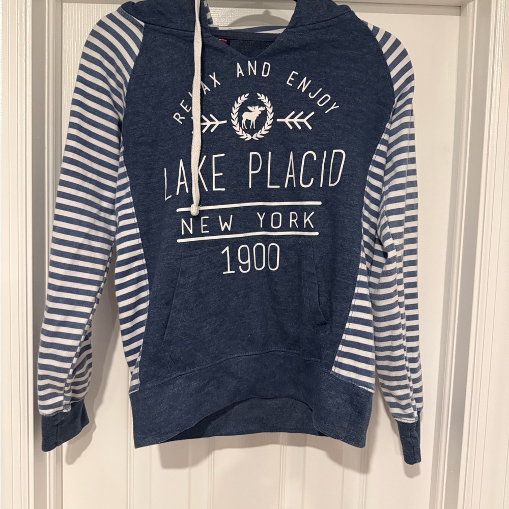 Blue and White Striped Lake Placid Hoodie size Small